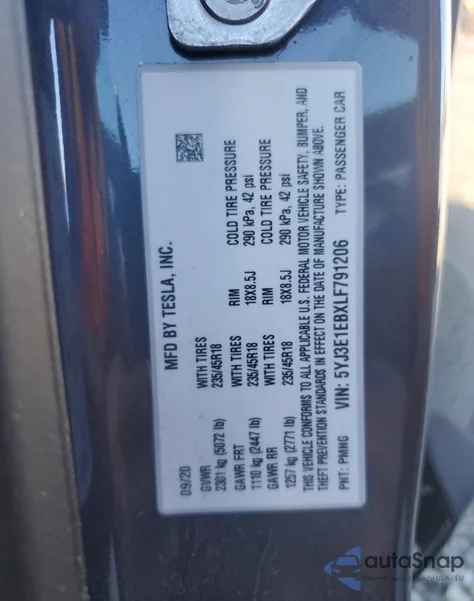 2020 Tesla Model 3 из США, поврежденный, VIN 5YJ3E1EBXLF791206